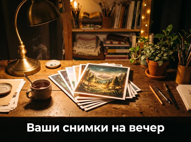A cozy photograph of an artist's wooden desk at night lit by a warm lamp: a stack of freshly printed art prints fanned out, a cup of tea, a small potted plant. The topmost print glows softly from within, as if the image on it is alive. Shallow depth of field, warm amber tones, inviting and calm, single hero centered, no screens or devices. At the bottom, a clean horizontal banner with bold Russian text "Ваши кадры за вечер", simple sans-serif, high contrast, occupying under 20% of the image, not covering the hero.
