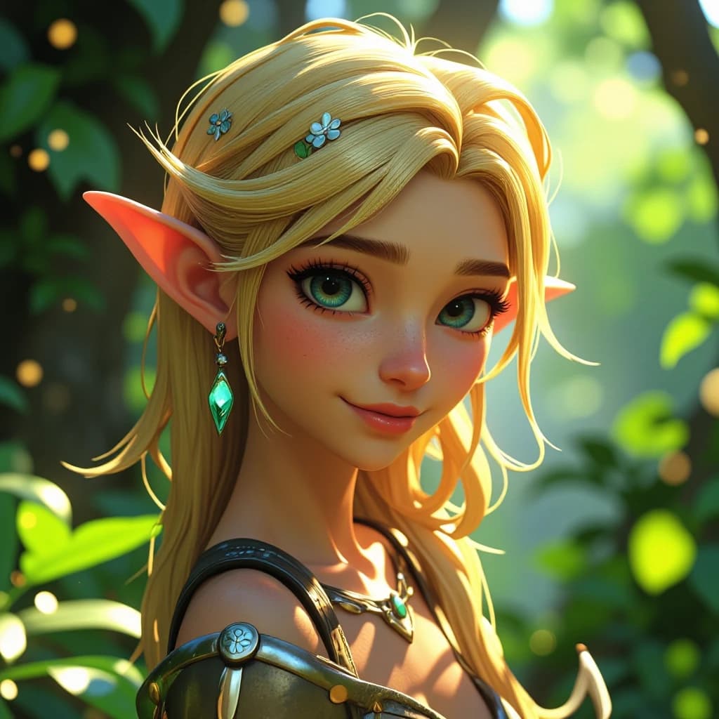 Disney-style 3D animation render of a beautiful young female elf healer, close-up portrait focusing on head and shoulders. She has radiant, glowing blonde hair adorned with delicate silver filigree hairpins and tiny glowing forest flowers. Her eyes are a striking, expressive crystalline blue, filled with kindness and magical warmth. She wears intricate elven jewelry, including a slender silver necklace with a glowing emerald pendant. The character design features smooth skin textures, large expressive eyes, and soft facial features characteristic of modern Disney feature films. Background is a soft-focus, lush enchanted forest in various shades of emerald and sage green, with magical bokeh light particles floating in the air. Soft, cinematic rim lighting highlights her silhouette, with warm, gentle sunlight filtering through leaves to create a magical, healing atmosphere. High-quality CGI, 8k resolution, vibrant colors, whimsical and heartwarming mood.