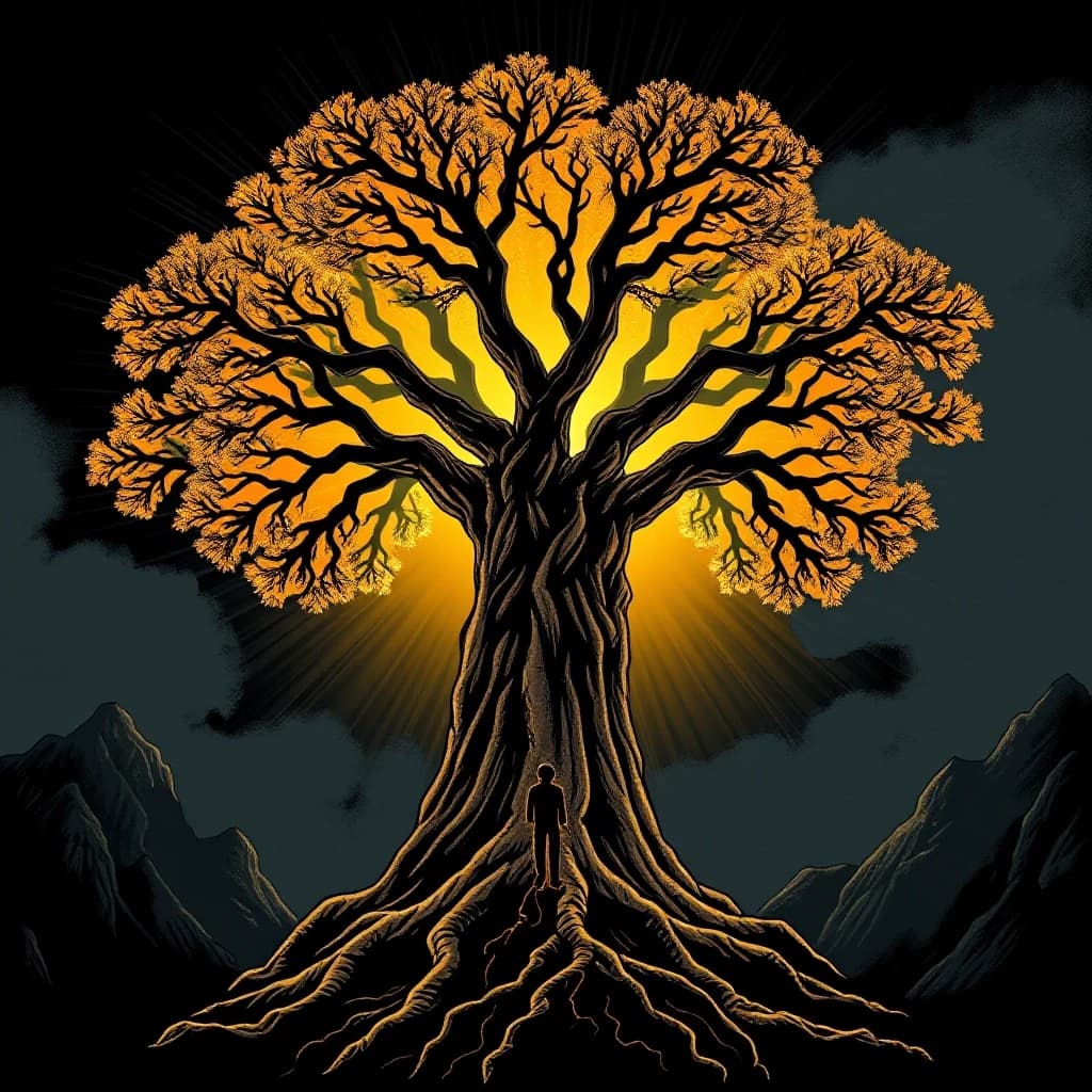 A human silhouette connected to a giant golden tree with roots stretching into darkness, comic book style with cinematic dramatic lighting, dark graphic novel aesthetic, bold black outlines, no text, no words, 4k