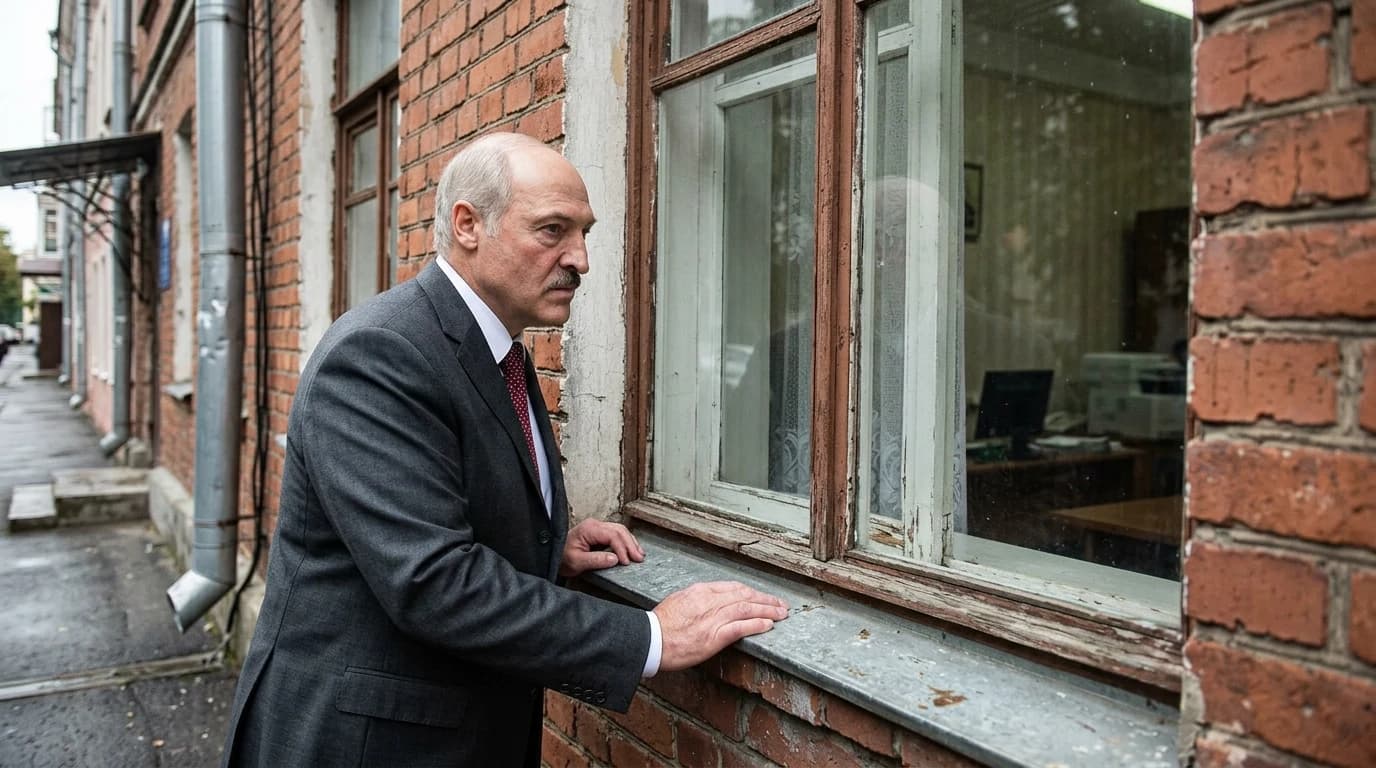 Не изменяя фото, композицию, добавь на фото не изменяя его президента Белорусии Лукашенко который держась за подоконник заглядывает в окно со стороны улицы