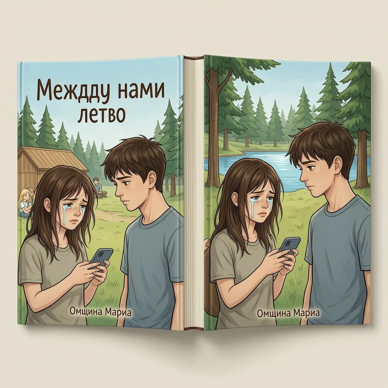 создай разворот книги (обложка, переплет и обратную сторону книги). Должен присутствовать летний вайб, возможно можно добавить девочку-подростка темно-русую ( у неё карие глаза и растрепанные волосы по плечи) она плачет смотря в телефон и зеркально мальчика-подростка ( брюнет с карими глазами) который смотрит на эту девочку влюбленно. На задний фон добавить девочку и мальчика подростков ( блондины с голубыми глазами) они должны обниматься. На фоне летний лагерь, корпус и сосновый бор с озером. Название книги: "Между нами лето" - сделать чуть выше середины (необычную надпись) Автор книги: Омшина Мария - почти в самом низу обложки Аннотация: В летнем лагере Маша, Паша, Дима и Милана переживают непростое лето: первые сильные чувства, ошибки и тяжёлые решения. Маша никак не может отпустить прошлое — воспоминания о расставании не дают ей двигаться вперёд. Нарастающее напряжение между парнями выливается в ссору: случайный удар Димы приводит к тому, что Паша теряет сознание. Попытки скрыть правду только запутывают ситуацию, и перед героями встаёт непростой выбор — сохранить ложь или сказать правду, рискуя всем. Это история о взрослении, цене поступков и о том, как важно не остаться в одиночестве в тяжёлые минуты.