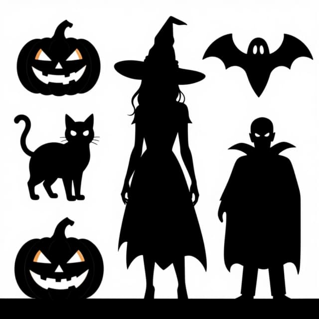 black and white silhouette, Halloween characters, pumpkin, cat, witch, vampire, ghost, high contrast, sharp edges