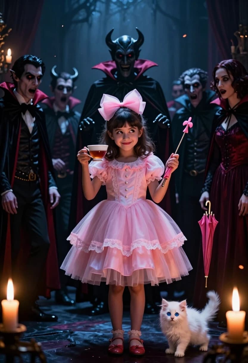 Photorealistic cinematic shot, 8K, octane render, moody atmospheric lighting. A low-angle perspective (camera looking up at the girl) to make her appear bold and unafraid. In the center of a dark, gothic ballroom filled with a crowd of vampires, demons, and other dark creatures, a young girl stands out like a beacon of defiance. She’s wearing a bright, pastel-pink dress with layers of soft tulle and a giant, fluffy pink bow in her hair — a stark, almost offensive contrast to the sea of black, crimson, and grey around her. The dress is intentionally childlike and innocent, with lace trim and tiny pearl buttons, emphasizing her refusal to conform to the dark elegance of the court.
Her expression is a mix of bravery and playful defiance: a small, confident smile, one eyebrow raised, eyes sparkling with mischief. She holds a small, delicate teacup in one hand (perhaps with tea that’s too sweet for this crowd) and a tiny pink parasol in the other, using it as a prop to accentuate her nonchalance. The surrounding crowd is rendered in sharp detail but slightly out of focus to keep her as the focal point: vampires in velvet capes, demons with glowing eyes, all looking at her with a mix of shock, annoyance, and grudging admiration.
The lighting is dramatic and moody: deep shadows and pools of darkness dominate the room, with occasional flickers of candlelight and firelight creating a sinister atmosphere. Her dress, however, is bathed in a soft, warm, almost ethereal glow, as if the light itself is drawn to her innocence. The contrast between the warm, golden light on her and the cold, blue-tinted shadows on the crowd is extreme. Floating ash and embers drift in the air, adding to the atmosphere. A tiny, fluffy white kitten with big, curious blue eyes is peeking out from behind her skirts, its fur glowing softly in the light, looking tiny and vulnerable against the dark backdrop. Mood: defiant innocence, contrast, dark fantasy, playful rebellion.