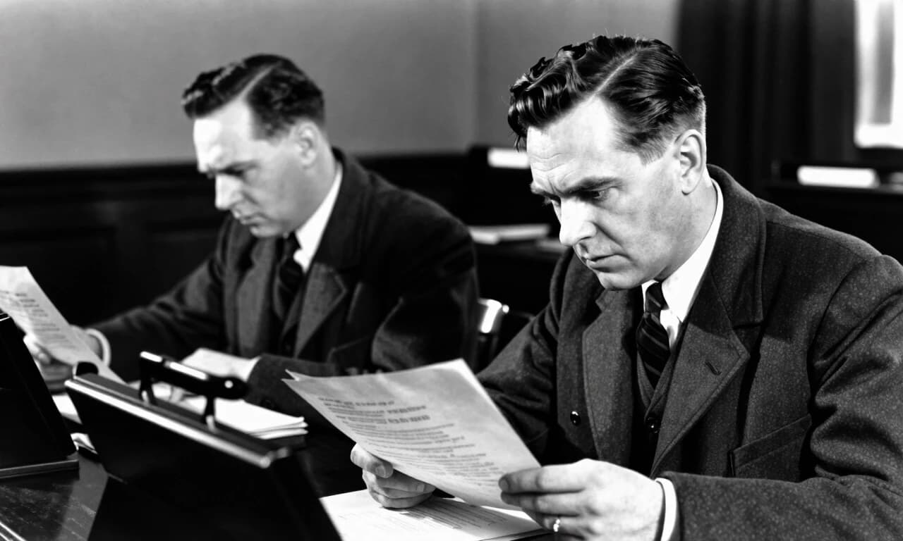 1940s British intelligence office, agents reading documents at desks, black and white, tense atmosphere, film grain