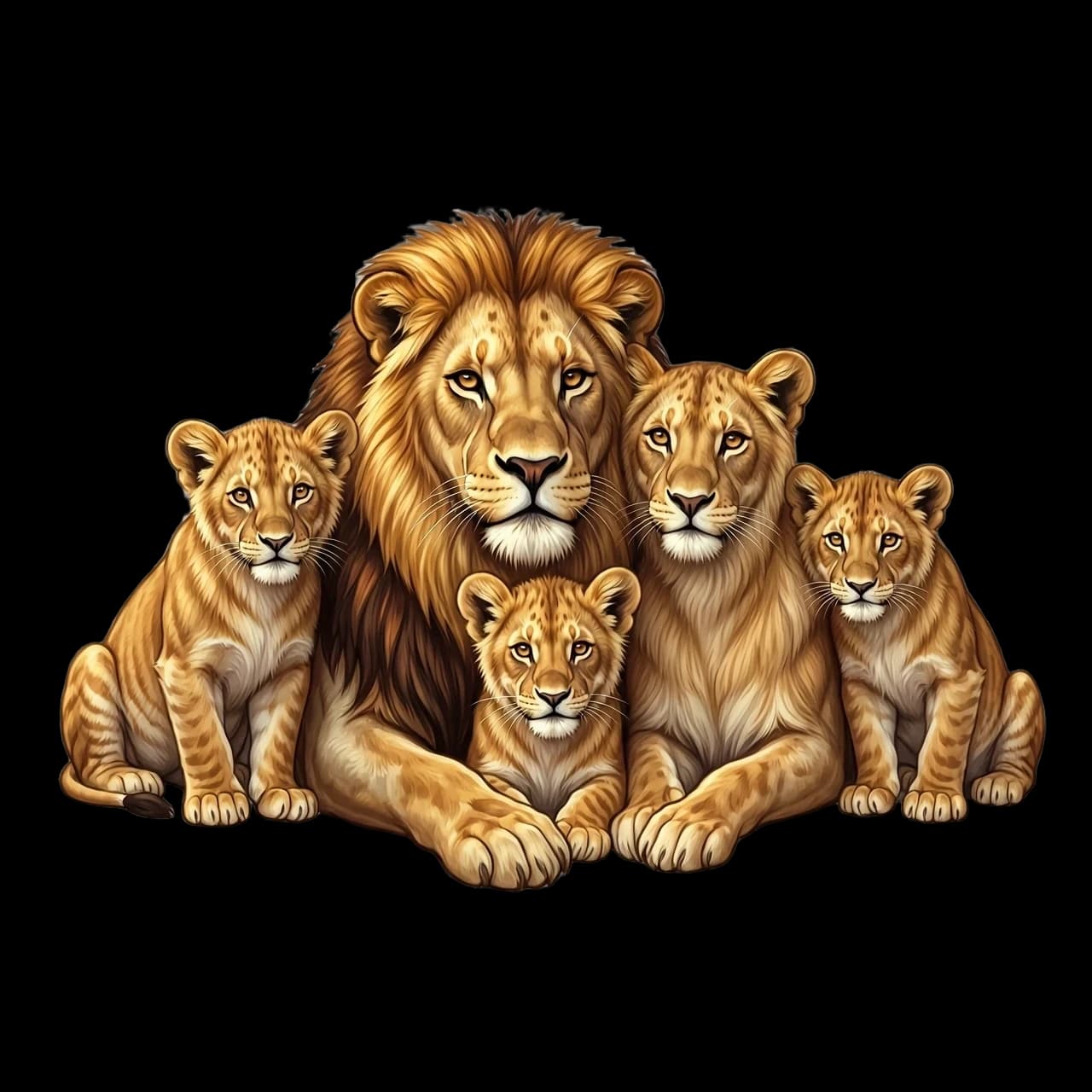 Draw a touching scene: a lion family, closely pressed against each other, conveys a sense of love, understanding, warmth, and affection. In the center is the father lion, next to him is the mother lioness, and on either side are three small lion cubs. The lions are looking at the viewer; their gazes are filled with tenderness and care. The lions’ fur is depicted in detail: soft highlights in golden‑red shades, delicate reflections. The background is transparent. Style: realistic digital painting, high level of detail, cinematic lighting, 8K.