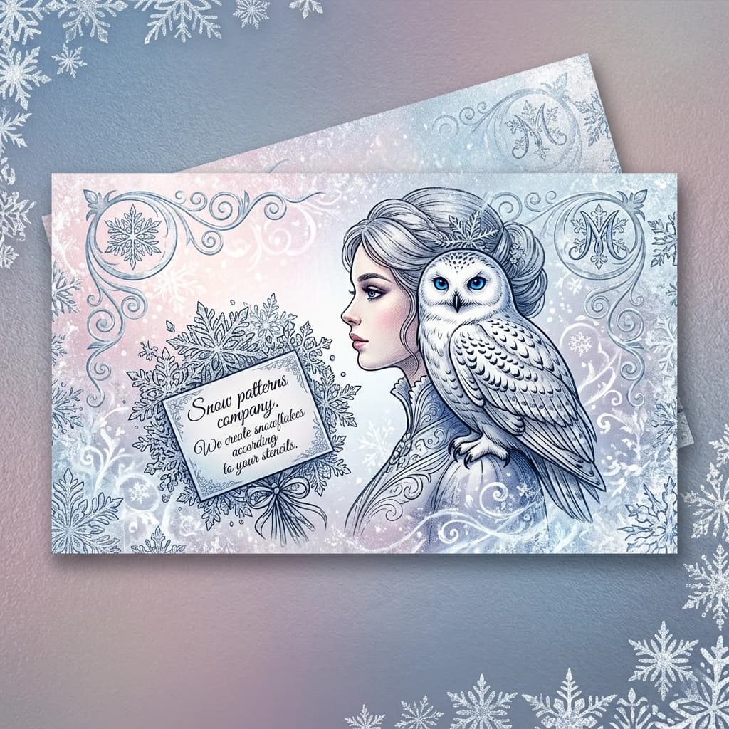 ((Business card, size 90 by 50 mm)) (Background of the paper): pinkish‑white, blue‑white, silver‑white, silver‑pearl, (with a winter ornament, spirals, vignettes and monograms from the Latin alphabet in the form of openwork snowflakes). (In the centre of the business card is a profile of a young lady with a polar owl on her shoulder. (Polar owl): it has expressive sapphire‑coloured eyes. She holds a bouquet of snowflakes in her beak. There is a business card inside the bouquet). (the business card is decorated in calligraphic font) "Snow patterns company
We create snowflakes according to your stencils" ((The business card is decorated with a print in the shape of a snowflake and a patterned stencil, paper made of crystals of small snowflakes, patterned stencils)). (Colors): white, icy, silvery‑white, silvery‑black, silvery‑blue, all shades of blue, light blue, pink, lilac, beige, silvery, silvery‑platinum, icy‑sapphire, bluish‑blue, violet. (Style):art fantasy, magical realism, shabby chic, poster, advertising, winter, art design, retro design, business card made of snowflake crystals, romance, close‑up, double exposure, high quality, gradient, elegance, outline, pen stroke, calligraphic handwriting, envelope, secret writing, magic. Inner light. High quality, 4K, complex details.