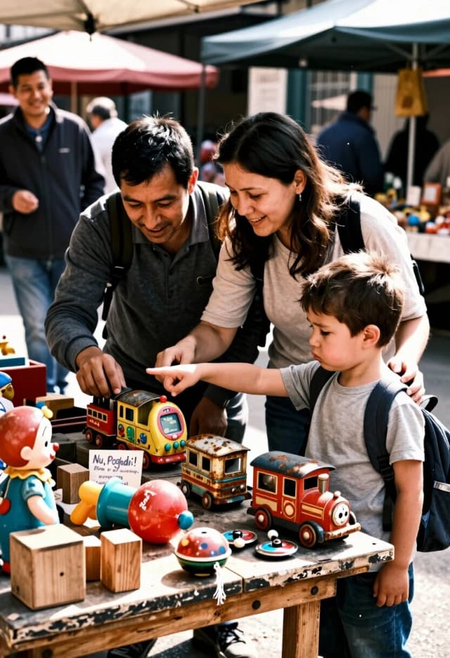 Realistic street-photo style, 50mm lens, f/2.8, bright daylight with soft shadows and sharp sunbeams cutting through the awning gaps. A weathered wooden flea market stall piled with vintage toys: tin car, train, mechanical clown with rust and patina; wooden blocks; worn plastic figure; cloth doll with faded fabric. Clearly visible among the items: a Tamagotchi with a cloudy screen, the handheld “Nu, Pogodi!” game with faded buttons, a yo‑yo with frayed string, and a few dulled metal spinners. Handwritten price sign and faded tags sit beside the goods.
In the foreground, the parents are fully absorbed in the nostalgia: the dad animatedly turns the tin train’s wheels, face lit with boyish excitement; the mom smiles, pressing buttons on the Tamagotchi. Their body language is open and joyful, completely focused on the toys.
Right beside them, a small child (4–5 years old) stands with a clearly bored and slightly sad expression: eyes downcast, lower lip gently pouted, posture slumped with impatience. The child is not playing with anything. Instead, the child firmly but gently tugs at the mom’s sleeve with one hand, while the other hand points insistently toward the next stall, silently urging the parents to move on. The small backpack sways slightly with the tug.
Behind the family, the market continues: blurred shoppers, other stalls, a vendor with a soft, knowing smile. Sunlight highlights dust motes, textures of peeling paint, oxidized metal, frayed fabric, worn plastic, and rough wood.
Mood: bittersweet warmth with a strong contrast between the parents’ vivid nostalgia and the child’s quiet impatience—a gentle generational disconnect. Cinematic, candid, documentary-style realism. 8K, extreme detail on textures and skin, natural colors, no stylization.
Отрицательный промт (обязательно добавь отдельно, как negative prompt)
Do not show the child playing with any toy, do not show the child smiling or excited, do not show the child holding or touching toys, do not show the child looking at the toys with interest. Do not make the child part of the parents’ game. Do not show exaggerated cartoonish expressions. Avoid overly dramatic or theatrical poses. No bright, over-saturated “happy” lighting on the child. No magical or dreamlike atmosphere. No motion blur that hides the child’s facial expression.