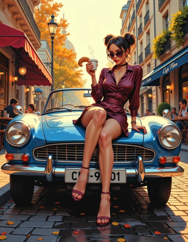 A masterpiece, in the style of the 1980s, with bold lines, dynamic strokes and rich textures, on background with a touch of nostalgia, perhaps with subtle drawings inspired by cellulose and vintage, worn textures similar to paper, oil painting, Photorealistic airbrush painting of a glamorous young woman with messy double buns and round sunglasses, wearing a short shiny burgundy satin dress and strappy high heels, sitting on the hood of a classic blue Peugeot convertible, holding a small espresso cup and a croissant, in front of Café de Flore in Paris, wet cobblestone street reflecting golden light, Sacré-Cœur basilica glowing in the background at golden hour, early warm autumn atmosphere with soft amber foliage and mild golden light, highly detailed photoreal airbrush style with visible soft brush strokes and painterly texture, cinematic lighting, ultra realistic,