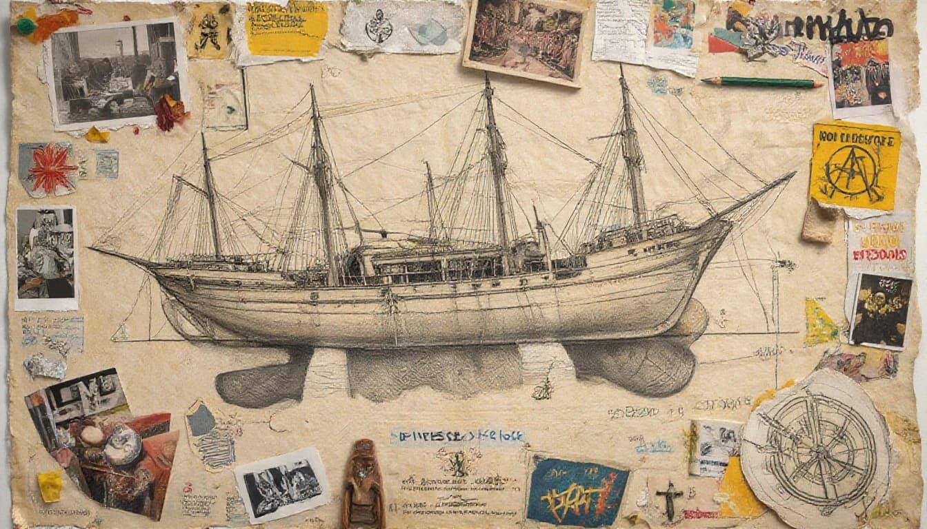 Схема и план корабля, нарисованный якорь, корабельная атрибутика, роза ветров в карандашном линейном рисунке. Старый пожелтевший чертёж