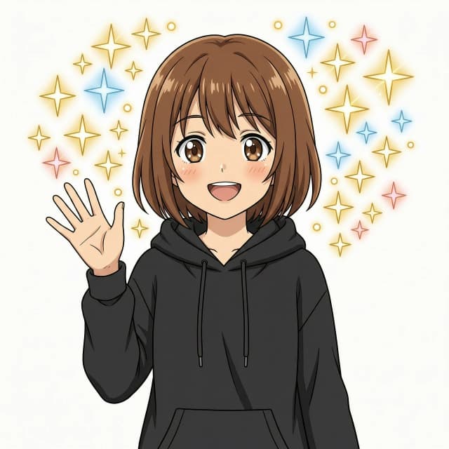 Classic 2010s anime style, 2D flat anime aesthetic, beautiful ordinary anime girl, standard human proportions, short brown hair, expressive brown eyes, wearing an oversize black hoodie, solid white background, clean black outlines, simple cell shading, high contrast, 4k, close-up portrait, smiling happily, waving hand at camera, sparkling sparkles around her head, joyful anime expression