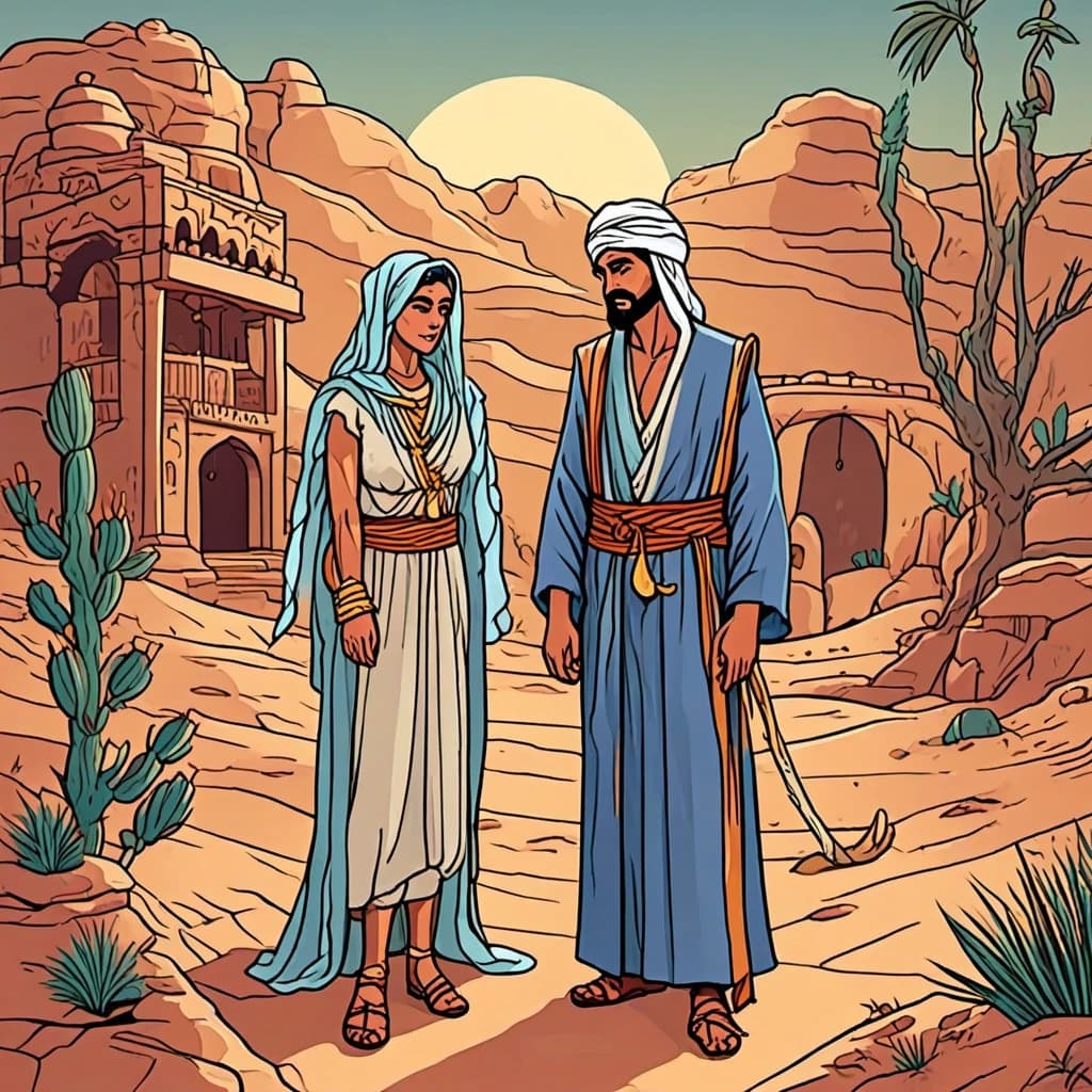 In the background of the desert sit with sad and sorrowful faces, characters from the Arabian fairy tales Thousand One Nights, they have mourning and tears in their eyes. Aladdin in a beautiful shawl, Shaherezada in an expensive Arabic dress, wearing precious jewelry on hands and neck, Ali-Baba in a shawl and sleeveless, robber in helmet and with sword in hand and Hajja Nasreddin in old, Zhattopankhala. Just behind them stands a sad camel, with tears in his eyes.