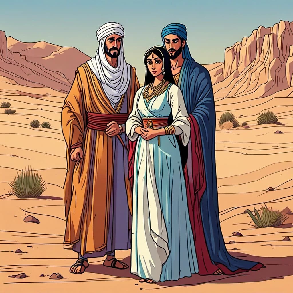 In the background of the desert sit with sad and sorrowful faces, characters from the Arabian fairy tales Thousand One Nights, they have mourning and tears in their eyes. Aladdin in a beautiful shawl, Shaherezada in an expensive Arabic dress, wearing precious jewelry on hands and neck, Ali-Baba in a shawl and sleeveless, robber in helmet and with sword in hand and Hajja Nasreddin in old, Zhattopankhala. Just behind them stands a sad camel, with tears in his eyes.