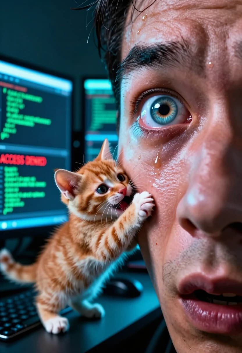 A hyper-realistic, extreme close-up shot (macro) of a hacker's face, focusing on one eye and the bridge of the nose. The lighting is dominated by the cold, electric blue and neon green glow of multiple monitors, which are reflected vividly in the dilated pupil of the eye, showing lines of scrolling code and a flashing red "ACCESS DENIED" warning. The hacker's expression is one of sudden, wide-eyed shock and intense stress—a bead of sweat is rolling down the temple, and the skin texture is incredibly detailed, showing pores and fine lines.
The unexpected twist: A tiny, fluffy ginger kitten has leaped onto the desk and is currently biting the hacker's cheek or playfully swatting at the cheek with a tiny paw, completely unaware of the digital catastrophe. The kitten's face is a picture of innocent curiosity, with wide, sparkling eyes and a pink nose, creating a sharp emotional contrast with the hacker's panic.
Low-angle perspective, shallow depth of field. The background is a blur of high-tech gear, tangled cables, and half-empty energy drink cans. The atmosphere is thick with tension and late-night desperation. 8k resolution, cinematic lighting, sharp focus on the eye and the kitten's fur.
Keywords: extreme close-up, reflection in eye, cyber-stress, fluffy ginger kitten, neon glow, high contrast, hyper-realistic skin texture, dynamic emotion, 2:3 aspect ratio.