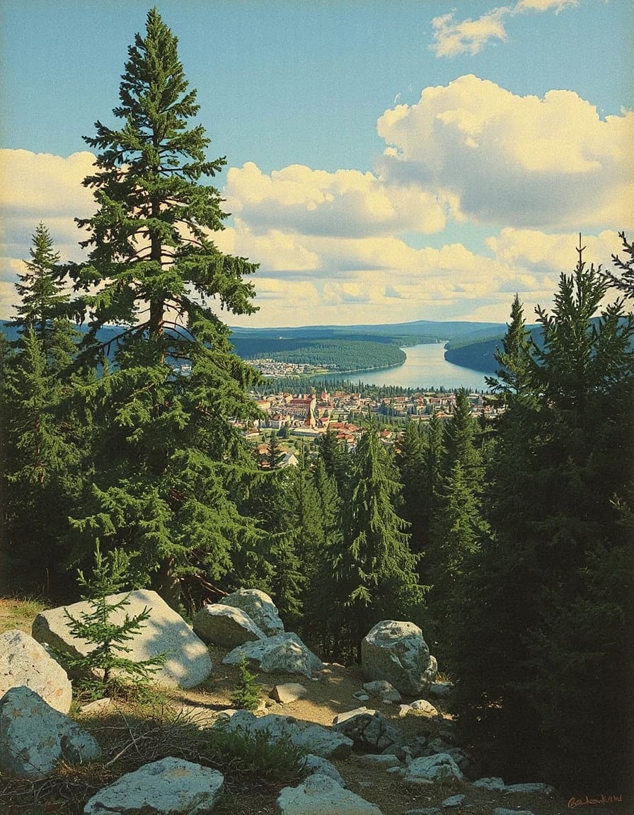 ,пейзаж, Даниэль Эгнеус, Эгон Шиле, Александр Бенуа, текстура, заросли, деревья, ели, сосны, скалы, камни, провинциальный город у озера, вид сверху, красивая панорама, легкие тени от облаков