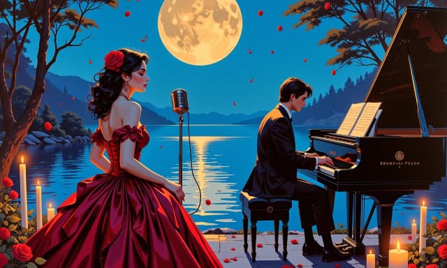 A masterpiece, in the style of the 1980s, with bold lines, dynamic strokes and rich textures, on background with a touch of nostalgia, perhaps with subtle drawings inspired by cellulose and vintage, worn textures similar to paper,oil painting, Panoramic cinematic concert-poster scene: a sultry female vocalist in an ornate deep crimson gown adorned with roses stands left foreground at a vintage metallic microphone, eyes closed, emotive pose; a male pianist in a dark suit sits at a glossy black grand piano right foreground, hands poised over keys, reflective water and moonlight behind him. Enormous luminous full moon low on the horizon casts cool blue-violet light across a tranquil lake with golden reflections. Warm candlelight, scattered red roses, and floating glowing musical notes create a romantic, mystical atmosphere. Rich palette of deep blues, purples, crimsons and antique gold. Elegant embossed serif title centered in large gold type with subtle filigree ornamentation and small subtitle beneath. Soft volumetric fog, subtle bokeh, gentle lens flare, high-detail textures on fabric, skin, piano lacquer and water, painterly fantasy meets photorealism, dramatic rim lighting, shallow depth of field, cinematic wide aspect ratio, ultra-detailed, high-resolution poster quality.