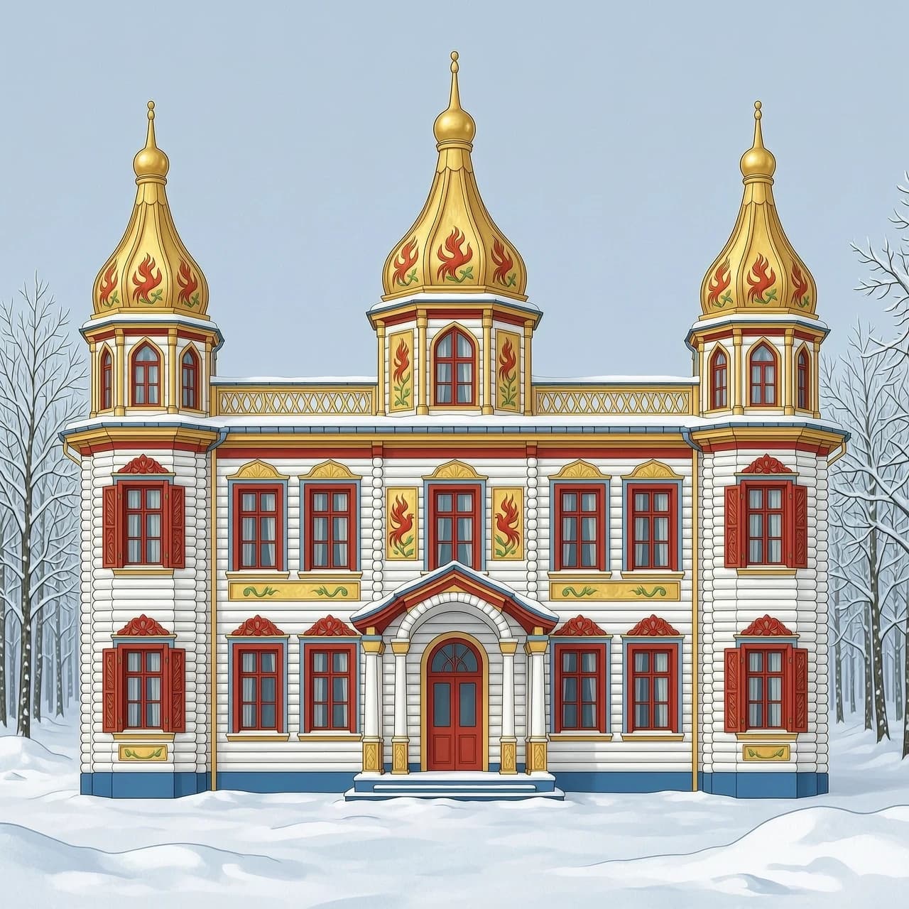 create an image of the royal estate, 2 floors, with turrets, kokoshniks, scarlet flowers and firebirds on the tiles, carved columns, many colored murals on the facade, built in the style of Russian folk tales from round logs, with turrets, wide side extensions and arches; colors: many golden murals, white, red, with blue accents; fabulous style, bright colors, glossy gold patterns, carved shutters with three-dimensional patterns, many carved elements and patterns in the folk Russian style, reminiscent of the Summer Palace of Tsar Alexei Mikhailovich in the Kolomenskoye Museum Reserve, in the background — a winter fairy forest with snowdrifts; 3D illustration, "Draw the house strictly full-face, without turns, so that the facade is fully visible, without a side corner." “Generate an image of the house facing forward, with the front facing the camera. Do not allow any tilt or angle.” “Draw the house frontally. Avoid three‑quarter or profile angles. “Focus on the facade: the entire house, without any rotations. Emphasize the symmetry and the frontal plane.
• Projection: there must be a clear frontal (orthogonal) projection.” It completely lacks perspective projections: the vertical logs extend strictly upward, while the horizontal lines of the cornices and floor extend strictly to the left and right, without the slightest tilt toward the vanishing point. The building looks absolutely flat, like an architectural design drawing or an ideal theatrical backdrop.
• Symmetry: the left and right sides of the tower are mirror images of each other relative to the central axis. The central tower, the porch, and the roof ridge are aligned on the same straight line.
• Composition (wide format): the image is panoramic. The entire facade is visible from the edge of the left wing to the edge of the right one. The low horizon line allows the building to be shown in its full two‑story height with towers, without cutting off the roof.
• Facade details:
• Walls: massive crowns made of round white logs.
• Decor: a continuous carpet of glossy gold painting on a white background, carved red window surrounds depicting fire‑birds and scarlet flowers.
• Shutters: the three‑dimensional carving rises above the wall surface, creating a complex interplay of light and shadow even under frontal lighting.
• Background: the winter forest is located far behind the house. Due to the lack of perspective, it seems as if the trees are glued to the background; they do not obscure the corners of the building and do not distort the perception of its strict geometry. Snowdrifts lie on the flat white field.