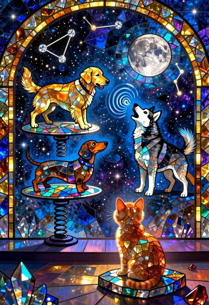 Surreal cosmic stained glass mosaic, where every object is made of iridescent crystal fragments and colored glass. A dog talent contest on a floating stage above a starry void. A golden retriever performs a balancing act on a rotating crystal disc; a dachshund launches itself off a springboard made of glowing glass tesserae; a husky howls at the moon, and the sound waves are visualized as rippling rings of blue glass shards.
In the lower foreground, a tiny ginger kitten is sitting on a chunk of broken mosaic stone, watching the show with awe. Its fur is a mosaic of orange, gold, and cream glass fragments; the stage lights pass through the translucent shards, giving the kitten a warm inner glow. The kitten’s eyes are huge, its ears perked — it’s completely spellbound.
Above, the sky is a celestial mosaic: constellations etched in deep blue and violet glass shards with diamond-like highlights. Tiny glowing motes drift like stardust, and prismatic reflections shimmer on every surface. The stage is bordered by glowing arches of amber and gold tesserae that frame the dogs like a spotlight.
Color palette: deep space blues and purples contrasted with warm golds, ambers, and silvers; iridescent highlights everywhere. Mood: wonder, celebration, магия таланта.
Technical: luminous stained glass mosaic style, iridescent crystal shards, prismatic light reflections, ethereal glow, intricate glass tesserae, volumetric lighting, strong chiaroscuro, hard silhouette edges, glowing celestial motifs, floating stardust particles with bloom, atmospheric haze, fast light drop-off, subsurface scattering for translucent fragments.