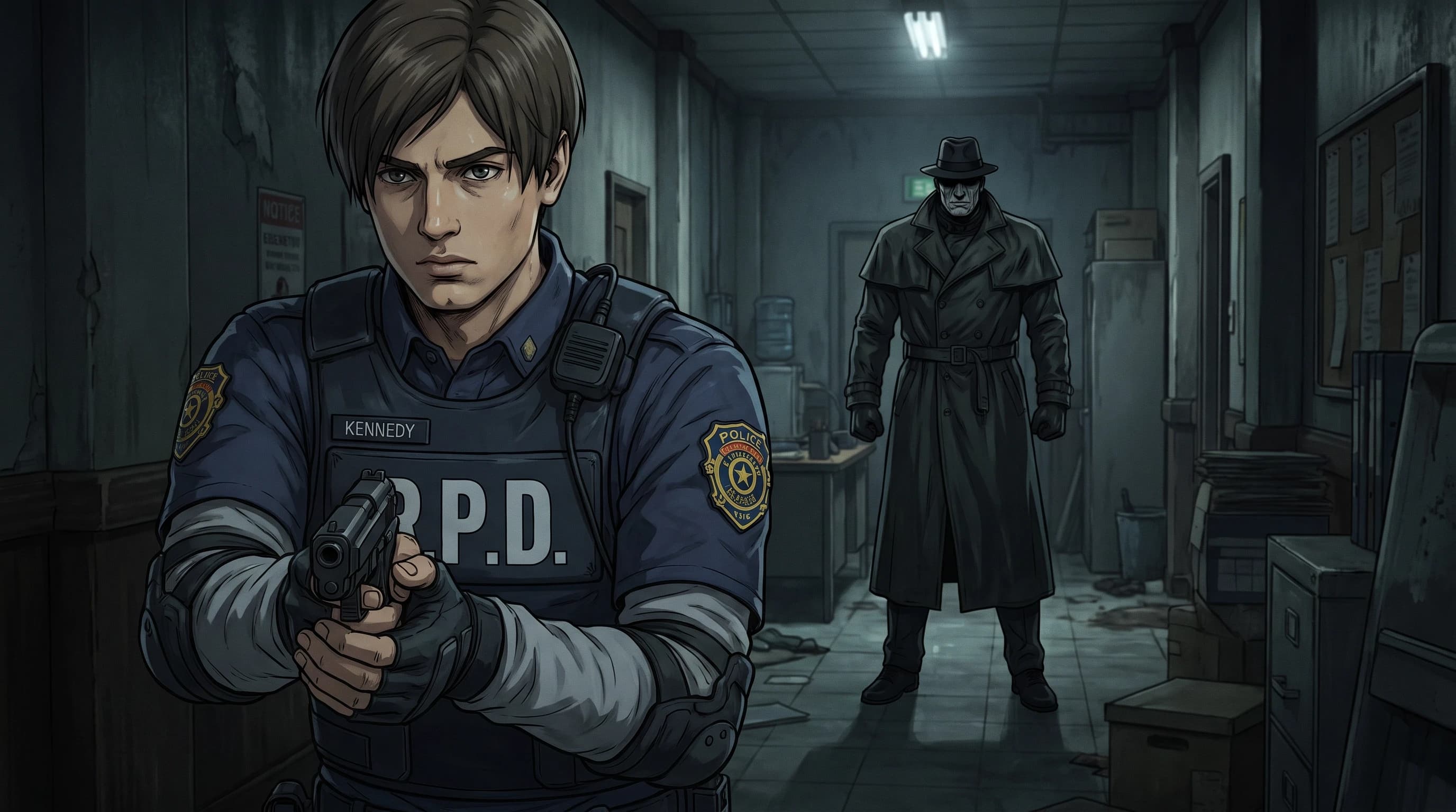 Resident Evil (Франшиза), Леон Кеннеди в полицейской форме, держит пистолет, на фоне коридора полицейского участка и Мистера Икс, стиль аниме с реалистичными деталями