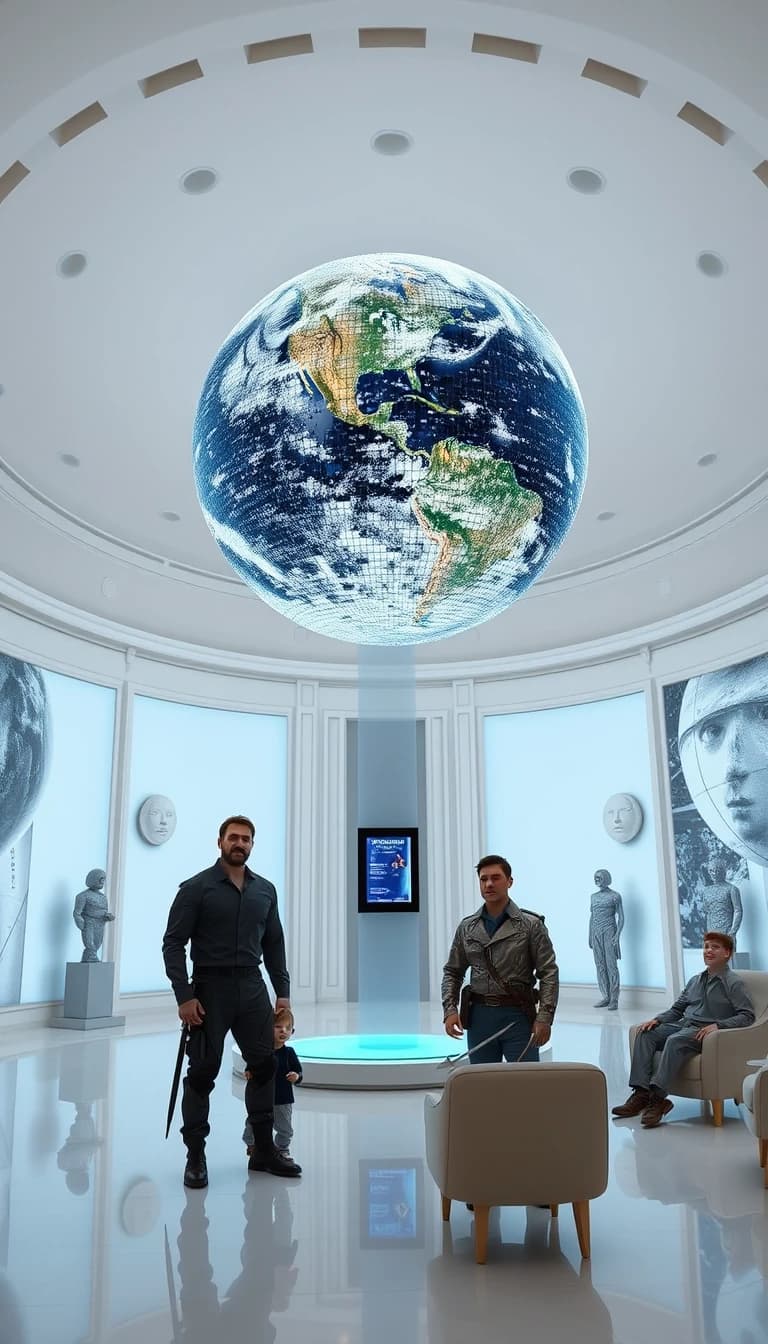 A large, semi-circular, white hall with no windows. Along the walls are sculptures depicting a ball on a very thin pillar. The walls are adorned with paintings depicting a ball on a pale blue background, with the surface of the ball covered in a mosaic pattern made up of numerous small black and mirror-like tiles, standing on a very thin pillar on a pale blue background. In the center of the hall is a holographic terminal. Standing near the terminal is a tall, muscular man in a flight suit without any insignia, accompanied by a 12-year-old boy. In the background, near the wall, a man in a silver-black suit is sitting on one of the soft chairs with a surprised expression on his face, while a young man in a flight suit with a thin sword on his belt is standing next to him. Above the holographic terminal, a three-dimensional image of the planet Earth is rotating, consisting of a mosaic pattern made up of numerous small black and mirror-colored tiles.
