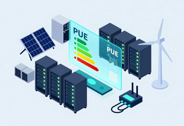 Isometric vector illustration of a modern data center energy management concept. A central holographic dashboard showing PUE metrics and green efficiency graphs. Around it: server racks with glowing status LEDs, cooling chillers, UPS units, solar panels, wind turbines, and a wire-connected industrial IoT controller (small box with antennas). Clean flat design, blue-teal-cyan color palette, gray‑blue background, professional tech infographic style, crisp lines, no text, no shadows.