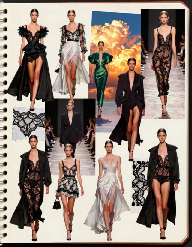Aesthetics: photorealism, analog graphics, grunge collage, perforated notebook pages, stylish, beautiful designer sketches and drawings, fashion design as seen on the runway at Haute Couture Week, decoupage, lace, glass, clothes only, no characters, fashionable clothes in complex photorealistic poses, collage from a designer magazine, a dizzying, breathtaking view, no buildings, dramatically illuminated and glowing clouds, unusually bright, saturated colors.