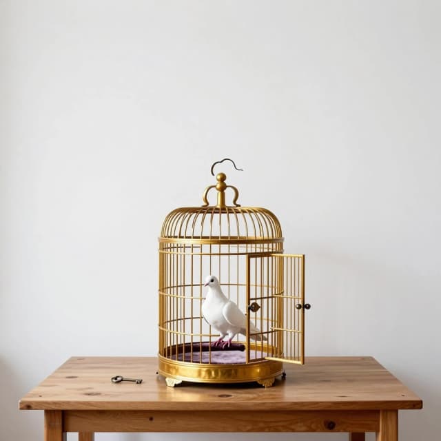 Minimalist conceptual photography of an ornate golden birdcage sitting on a plain wooden table in an empty white room. The cage door is wide open. Inside the cage, on a velvet perch, sits a single white dove. The dove is looking out through the open door, but not flying away. Next to the cage, on the table, lies a small key. The upper half of the image is a large empty white wall, perfect for event text. Philosophical, melancholic, minimal, contrast between gold and white, 4:5 aspect ratio.