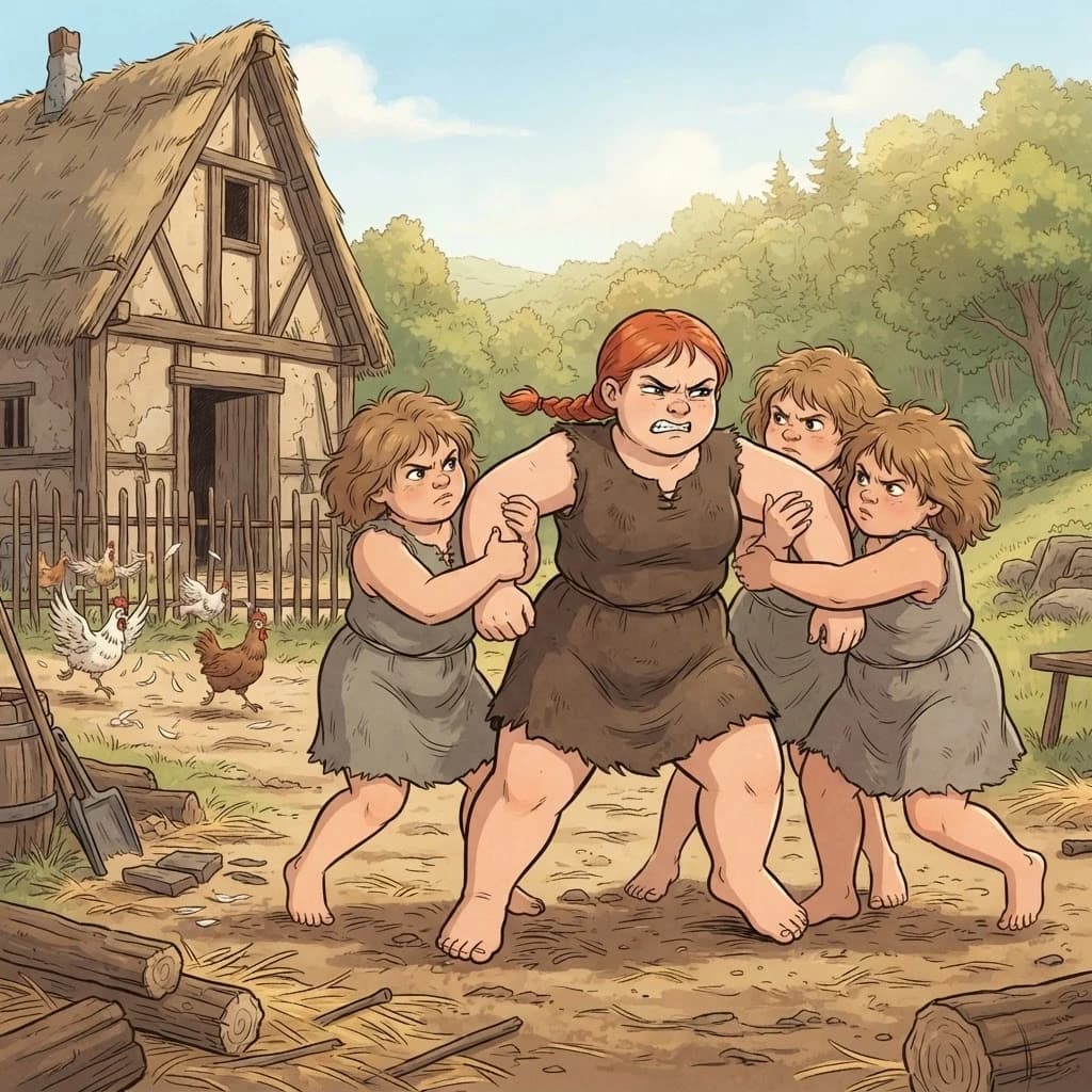 Subject and Setting: Four girls wrestling, three holding one by the arms in a backyard, low fantasy.
Character (left): Tall, very plump, broad-shouldered. Short red braid, clenched teeth, narrowed eyes. Rough, short, sleeveless, dark brown dress.
Characters (surrounding): Plump. Tousled light brown hair, pressed lips, intense gaze. Rough, short, sleeveless, gray dress. Background (left): Tall peasant hut. A yard with several frightened chickens.
Background (distance): Sunlit wooded hill, daylight.
Style and Texture: European ligne claire / BD comics.
Lighting and Color. Warm daylight, muted ochre, earthy, sage-green palette.
Specifications: Panoramic view, 4:3 aspect ratio.