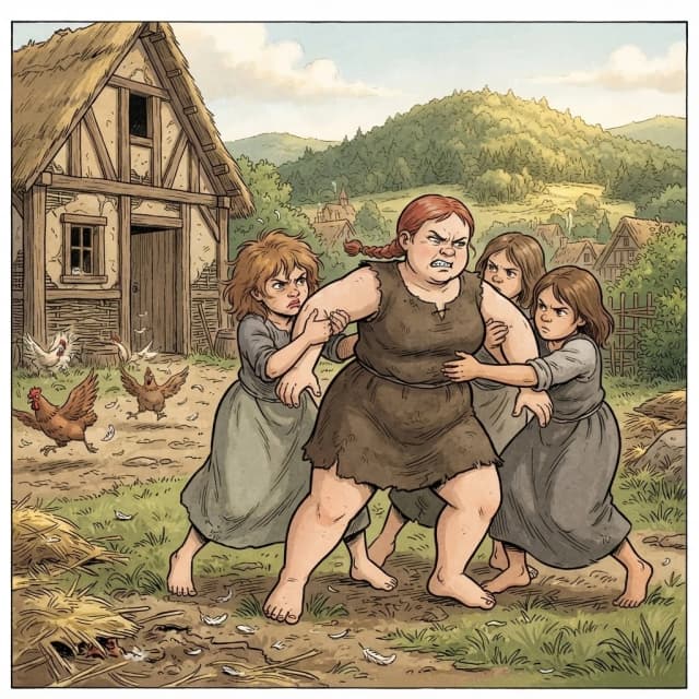 Subject and Setting: Four girls wrestling, three holding one by the arms in a backyard, low fantasy.
Character (left): Tall, very plump, broad-shouldered. Short red braid, clenched teeth, narrowed eyes. Rough, short, sleeveless, dark brown dress.
Characters (surrounding): Plump. Tousled light brown hair, pressed lips, intense gaze. Rough, short, sleeveless, gray dress. Background (left): Tall peasant hut. A yard with several frightened chickens.
Background (distance): Sunlit wooded hill, daylight.
Style and Texture: European ligne claire / BD comics.
Lighting and Color. Warm daylight, muted ochre, earthy, sage-green palette.
Specifications: Panoramic view, 4:3 aspect ratio.