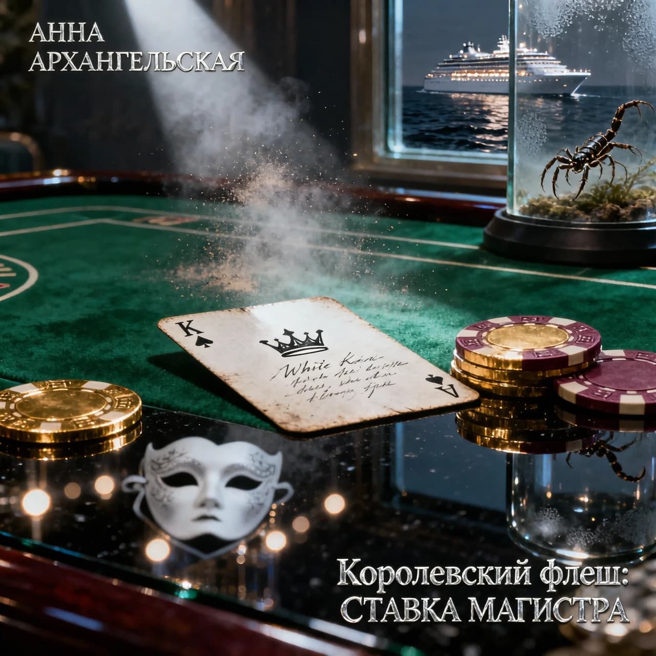 Premium A5 book cover for a detective thriller, vertical orientation. Cinematic realism, hyper-detailed photorealism.
Composition: A macro close-up shot of a professional poker table covered in deep emerald-green felt. In the center, a single, slightly worn playing card—a "White King" without a suit, featuring a minimalist crown contour and an empty shield. The card is textured, with faint, handwritten script visible through the paper as light bleeds through it. Beside the card lie two or three high-end casino chips and a sharp, thin crack of light cutting through the darkness, like a focused spotlight.
In the polished, dark reflection of the table's surface, there is a ghostly, sophisticated white masquerade mask and the blurred, bokeh lights of Monte Carlo. In the upper corner, subtly out of focus behind frosted glass, a small, elegant terrarium reveals the faint, non-grotesque silhouette of a scorpion. In the far distance, visible through a window, a magnificent, glowing modern cruise liner glides on the dark sea.
Atmosphere: Cold luxury, intellectual tension, and an impending sense of threat. A light haze hangs in the air with microscopic dust particles dancing in a single dramatic light beam.
Color Palette: Deep obsidian black, rich emerald green, polished gold, subtle blood-burgundy accents, and sharp silver highlights.
Typography (Russian language only):
Top: "АННА АРХАНГЕЛЬСКАЯ"
Королевский флеш:
СТАВКА МАГИСТРА