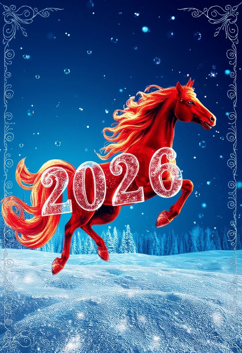 In the double exposure style. An ephemeral mythical creature in the form of a beautiful scarlet fiery horse with a long wavy mane collects the word "2026" from glass letters. In a jump. Background: bright blue night sky with grandiose continuous ornamental frosty patterns, zigzags, spirals of frost. Needles, transparent glass balls, silk, tulle.
In the "Glitter" style: magical realism, natural symphony, shapes dissolve into color, lines flow like water, translucent layers with a watercolor texture, intricate ornaments at the corners of the composition.
Iridescence, lace, entourage, fantastic plot, New Year's tale, magic, whimsicality, originality. High detail, cinematic lighting, solemn festive atmosphere, realistic.