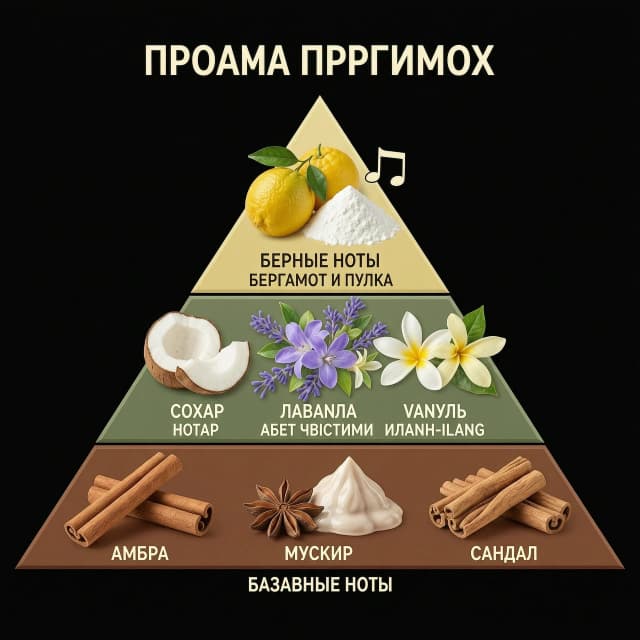 на черном фоне пирамида в виде треуголника из трех частей. На верхней пчасти - это верхние ноты аромата бергамот в виде фруктов и пудра; на средней части - средние ноты - сахар, лаванда цветками, ваниль, иланг-иланг; на нижней части базовые ноты - амбра, мускус, сандал