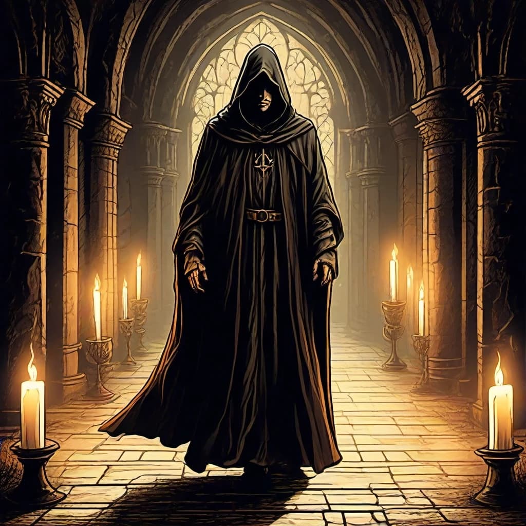 Under the vaults of an ancient medieval church, in the semi-darkness, by the lit candles, stands a mysterious man in a long, ankle-length cloak, a hood thrown over his head, his face covered by a half-mask, only his eyes visible. Illustration, Fantasy, Mysticism