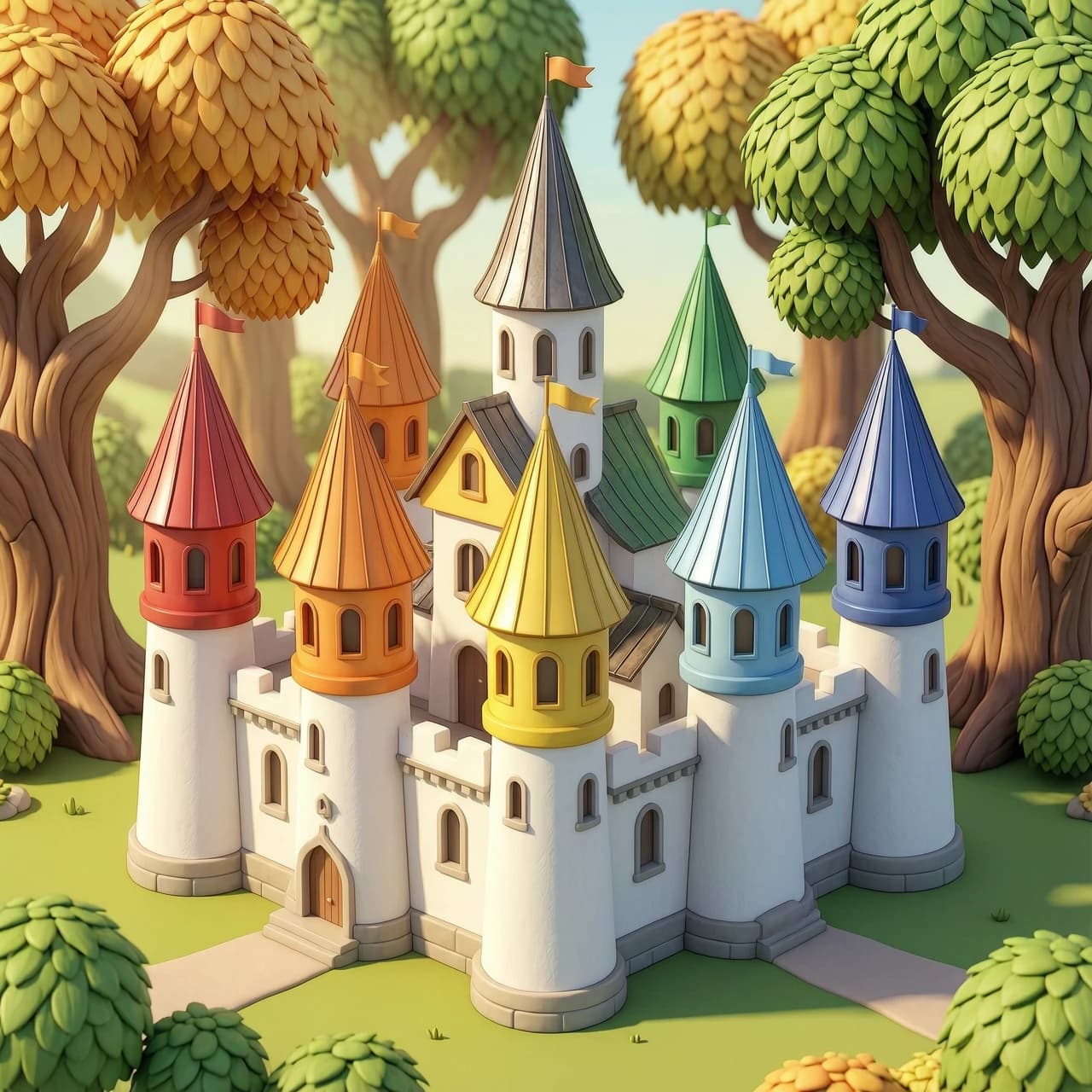 Создай 3D-иллюстрацию в стиле architecture: замок точно с 6 башнями. Основной цвет замка — белый. Каждая из шести башен должна быть окрашена в свой цвет, следуя последовательности радуги (красный, оранжевый, жёлтый, зелёный, голубой, синий). Крыши башен выполни из железа, с чёткими текстурными деталями. Расположи замок на фоне сказочных деревьев с причудливыми формами и яркой листвой. Используй солнечное освещение — пусть лучи падают под небольшим углом, создавая мягкие тени. Атмосфера изображения должна быть дружелюбной, тёплой и располагающей. Обеспечь высокое качество рендера: чёткие линии, плавные переходы цветов, детализированные текстуры. Формат изображения — горизонтальный, соотношение сторон 16:9.