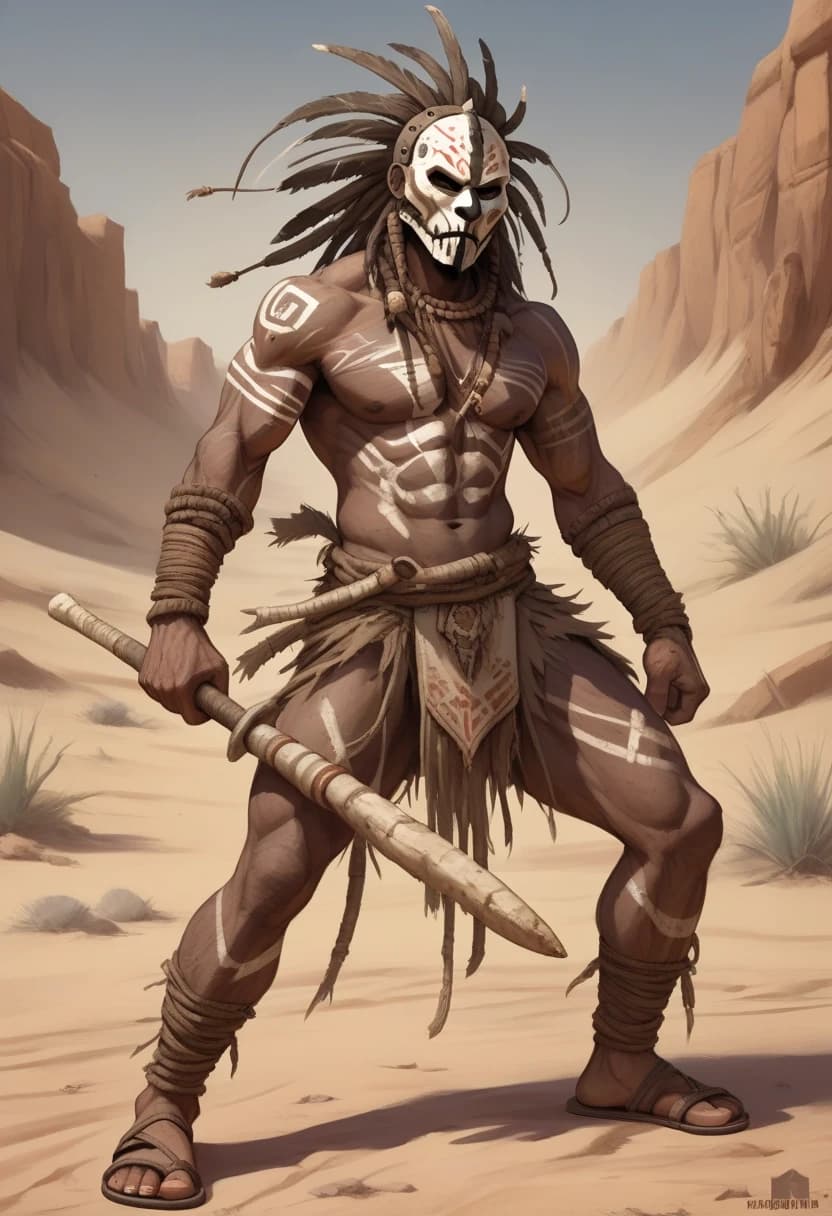 A fierce and brutal warrior from a savage desert tribe, captured in a high-octane dynamic combat pose, wielding a primitive heavy bone club. The warrior wears an intricate, weathered tribal mask made of bone and dried leather, textured skin covered in ritualistic dust and war paint. Attire includes rugged, hand-woven rope sandals and tattered desert garments. Background of a vast, scorching desert with swirling sand dunes and heat haze. Cinematic lighting with harsh, dramatic sunlight creating deep shadows and highlighting the grit and sweat on the skin. High-detail textures of bone, weathered leather, and coarse sand. Epic composition, low-angle shot to emphasize power and menace, hyper-realistic digital painting style, masterpiece, 8k, gritty atmosphere, intense cinematic mood.