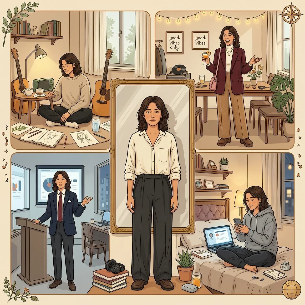 A modern editorial illustration about everyday self-expression. The same young adult appears in four connected parts of one image: at home listening to music and drawing, with friends wearing a personal style, at work dressed more formally and speaking confidently, and online creating a carefully chosen profile. In the center, the person stands in front of a mirror, surrounded by clothes, headphones, paintbrushes, books, and a smartphone. The different versions should look connected but slightly different, showing that people express themselves differently in different situations. Warm colors, realistic emotions, thoughtful atmosphere, clear composition, no text, no logos