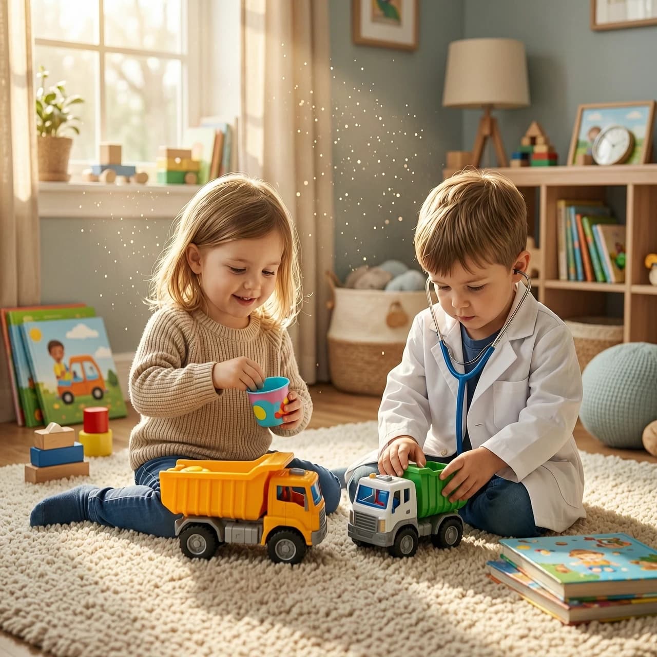 Hyper-realistic cinematic shot, heartwarming childhood role-play scene. A little girl with expressive eyes is sitting on a soft nursery rug, tenderly pretending to feed a toy dump truck from a tiny colorful plastic cup. Beside her, a little boy dressed in an oversized, detailed white doctor's coat with a toy stethoscope around his neck is focused on "treating" another toy truck, placing a small bandage on its wheel. Soft, magical morning sunlight streams through a nearby window, creating a dreamy bokeh effect with dancing dust motes in the air. The environment is a cozy, cluttered playroom filled with soft textures, wooden blocks, and picture books. Warm, nostalgic atmosphere, soft pastel color palette, shallow depth of field, highly detailed textures of plastic toys and fabric clothing, 8k resolution, shot on 35mm lens, masterpiece quality.