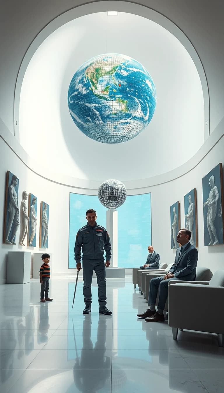 A large, semi-circular, white hall with no windows. Along the walls are sculptures depicting a ball on a very thin pillar. The walls are adorned with paintings depicting a ball on a pale blue background, with the surface of the ball covered in a mosaic pattern made up of numerous small black and mirror-like tiles, standing on a very thin pillar on a pale blue background. In the center of the hall is a holographic terminal. Standing near the terminal is a tall, muscular man in a flight suit without any insignia, accompanied by a 12-year-old boy. In the background, near the wall, a man in a silver-black suit is sitting on one of the soft chairs with a surprised expression on his face, while a young man in a flight suit with a thin sword on his belt is standing next to him. Above the holographic terminal, a three-dimensional image of the planet Earth is rotating, consisting of a mosaic pattern made up of numerous small black and mirror-colored tiles.