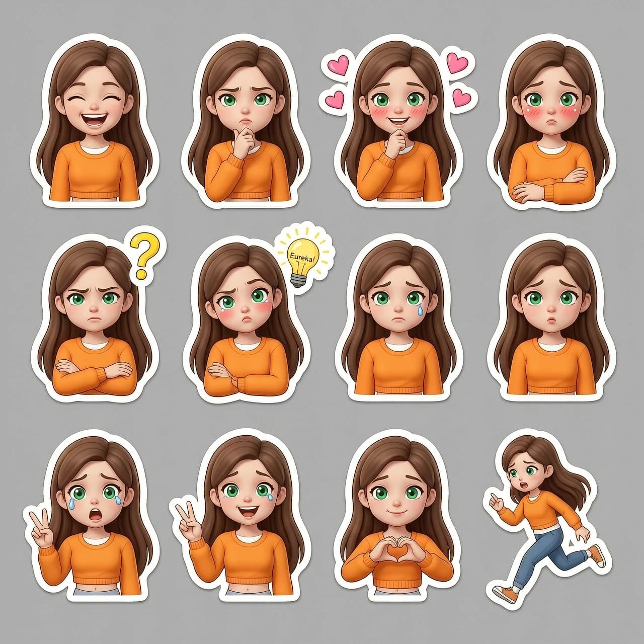Sticker pack sheet of a cute young female character, 3D cartoon style, high-quality render, C4D, Octane Render. The character has fair skin, long brown hair, and large, expressive emerald green eyes. She is wearing a vibrant orange sweater over a white crop top. The set includes multiple individual stickers with a consistent character design, each featuring a thin white die-cut border, isolated on a plain neutral grey background.
The sticker set includes the following diverse expressions and poses, where facial emotions perfectly match the gestures:
1. Joyful laughter with eyes closed and a wide smile.
2. Deep thoughtfulness with a hand on her chin and a squinted gaze.
3. Love-struck with blushing cheeks, sparkling eyes, and floating pink hearts around her.
4. Angry with furrowed brows, a pout, and crossed arms.
5. Confused with a tilted head and a bright yellow question mark above her head.
6. Inspired with a "Eureka!" moment, eyes wide, and a glowing yellow lightbulb floating nearby.
7. Sadness with teary eyes and a small teardrop falling.
8. Extreme surprise with wide eyes and an open mouth.
9. Peace sign with a cheerful smile and a "V" gesture with her fingers.
10. Making a heart shape with her hands, looking sweet and affectionate.
11. Running away in panic, looking back with a worried