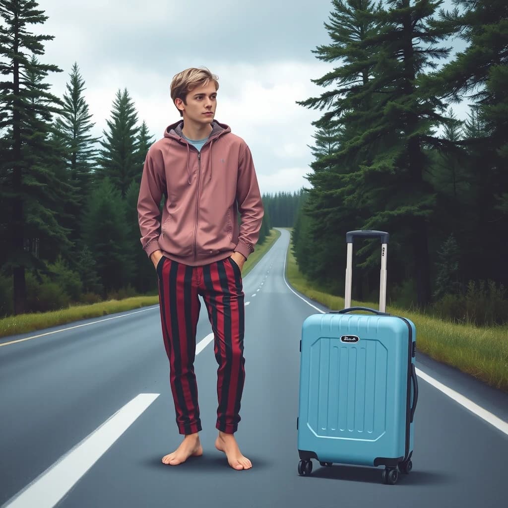 A mystical illustration of a handsome young man in his 20s with blond hair and eyes standing on a highway in the middle of a pine forest. He's wearing striped pajama pants and a pink windbreaker, looking around, and next to him is a large blue rolling suitcase with a handle. High-quality image, attention to detail.