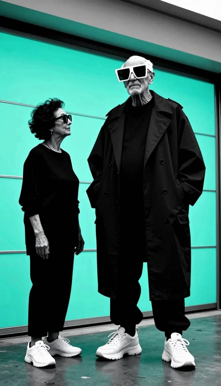 Aesthetics, provocation, photorealism, oversized techno fashion, silhouettes of cool fashionable grandmothers, the real tallest and oldest crazy dad-fashion designer with a model appearance, blinds on garage doors, monochrome, black and turquoise neon, unusual angle, heavy white sneakers, giant fashionable glasses