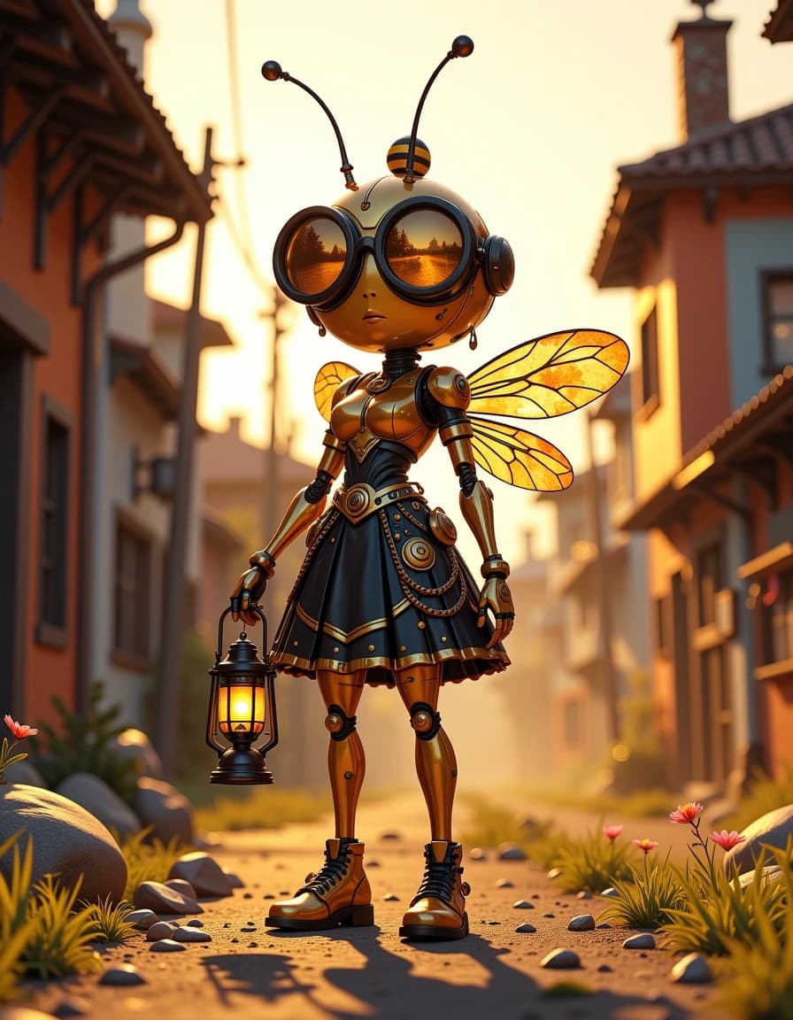 masterpiece, best quality, ultra-detailed, highly artistic, 3D Pixar animation style, Pixar 3D CGI render, pixar style, smooth shading, vibrant saturated colors, expressive character design, intricate details, cinematic dramatic lighting, vivid golden hour outdoor scenery, unique whimsical pose,
cute steampunk bee-robot girl exactly as in the reference photo but in perfect 3D Pixar animation style, big round head with enormous golden goggles reflecting landscape, long antennae, small striped bee ball on top, large intricate metallic bee wings with golden patterns, mechanical body in black and gold dress with honeycomb and polka dot details, holding small mechanical bee lantern, spring legs and bee-decorated boots,
warm golden hour sunlight, dusty path background,
dramatic low angle three-quarter full-body portrait, perfect dynamic framing,
highly detailed 3D metallic textures and fabric folds, realistic gears and reflections in goggles, individual hair-like antennae, volumetric golden light, expressive Pixar character lighting, sharp focus on face and body,
8k resolution, hyper detailed, masterpiece, best quality, intricate details