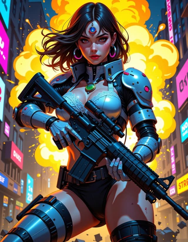 A masterpiece, in the style of the 1980s, with bold lines, dynamic strokes and rich textures, on background with a touch of nostalgia, perhaps with subtle drawings inspired by cellulose and vintage, worn textures similar to paper, oil painting, Hyper-detailed cinematic cyberpunk portrait of a fierce female warrior in futuristic silver armor fused with delicate white lace and worn leather, clutching a heavy tactical rifle with glowing red accents and illuminated scope, three-quarter view mid-thigh composition, dynamic stance and flowing wind-swept brown hair, subtle freckles and realistic skin pores, jeweled forehead circlet and large hoop earrings, articulated cybernetic arm with colorful energy nodes and polished metallic reflections, laced thigh-high boots with buckles and a fresh scar on her upper thigh, dramatic explosion burst of yellow-orange behind her contrasted with neon cyan and magenta city lights and graffiti-like paint splatters, volumetric smoke, sparks and debris, cinematic rim and key lighting, warm backlight from explosion, cool neon rim light, shallow depth of field, high contrast, crisp specular highlights, painterly yet photoreal texture detail, intense color saturation, epic concept art mood, high-resolution, award-winning quality. celshading, simple background