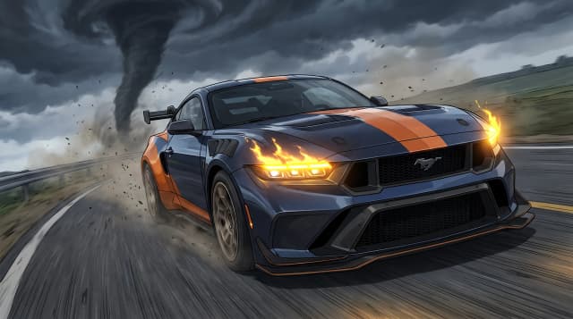 Ford Mustang GTD, едет по дороге, эпичный ракурс, горящие фары, на фоне торнадо, шедевр, крупный план, стиль аниме с реалистичными деталями