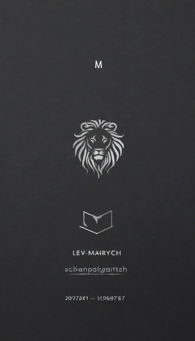 > Minimalist business card design, horizontal format. At the top center — a clean logo: a stylized monogram letter "M" combined with a lion silhouette, dark charcoal grey color, sleek and modern. Below the logo, the name "Lev Maratovich" in an elegant sans-serif font, medium size, dark grey. Below the name — phone number "+7 932 122 7200" in a slightly smaller sans-serif font. Below the phone number — email "mebellionn@mail.ru" in lowercase, smaller font size, muted grey. Directly beneath the contact info — a single horizontal row of social media icons: TikTok, YouTube, Telegram, WhatsApp — only the recognizable icons, no text labels, equal size, evenly spaced, subtle muted colors. Background — warm cream beige, clean and airy with generous margins. No extra lines, no shadows, no decorative borders. Overall style — calm, modern, premium, flat design, high contrast between text and background.