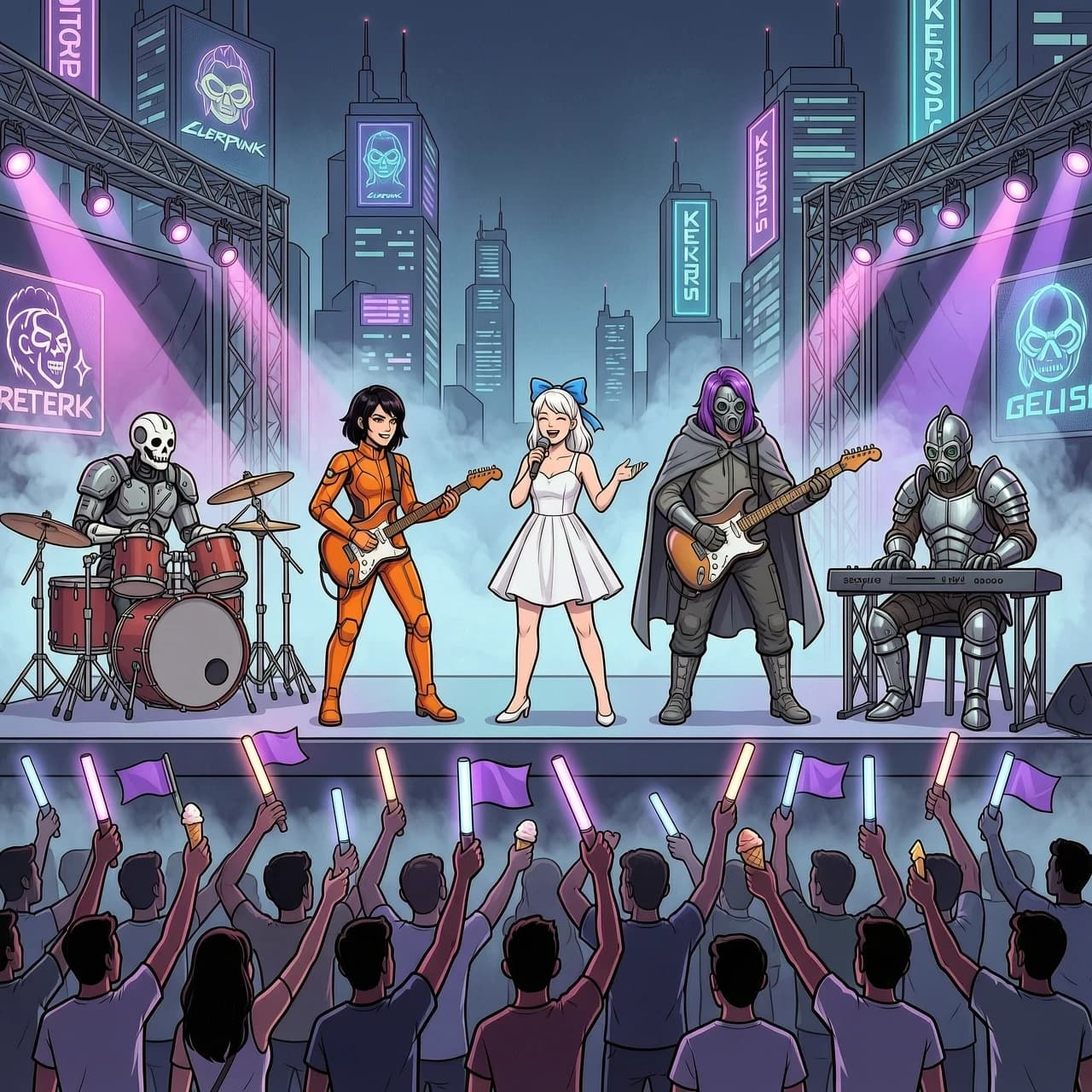 Draw colorful illustration, style of drawing and colors being balance between animated series "Cyberpunk 2077: Edgerunner" or computer game "Kenshi". Content of drawing: night of neon city, light fog and glare. The main angle is outdoors neon rok-concert stage, in front of it is square full of silhouettes of people of different ages, in their hands raised to sky they hold neon light sticks, ice cream and small purple flags. Following rok-artists (They look absolutely identical in spirit of computer game "Kenshi") perform at concert neon from left to right: 1) First – Skeleton-Robot (He look absolutely identical in spirit of computer game "Kenshi") in heavy punk armor, sitting and playing drum kit; 2) Second – Shek-woman (She look absolutely identical in spirit of computer game "Kenshi") in an orange cyberpunk suit, she is holding small electric guitar in her hands and playing; 3) Third – shapely-girl with white hair (blue ribbon in her hair), in white dress, sings into microphone and looks at audience with smile; 4) Fourth - man in gray ash cloak with sturdy pants and boots, his hair is long and purple, his face is hidden by futuristic gas mask, he plays steampunk electric guitar; 5) Fifth – one is behiveless from Western Hive (absolutely identical to this race from computer game "Kenshi"), fully dressed in samurai metal mask and samurai armor, boots, he sits and plays music synthesizer. Atmosphere of rock concert, joy and jubilation, as after great victory in name of life and freedom. Image size 5000:5000.