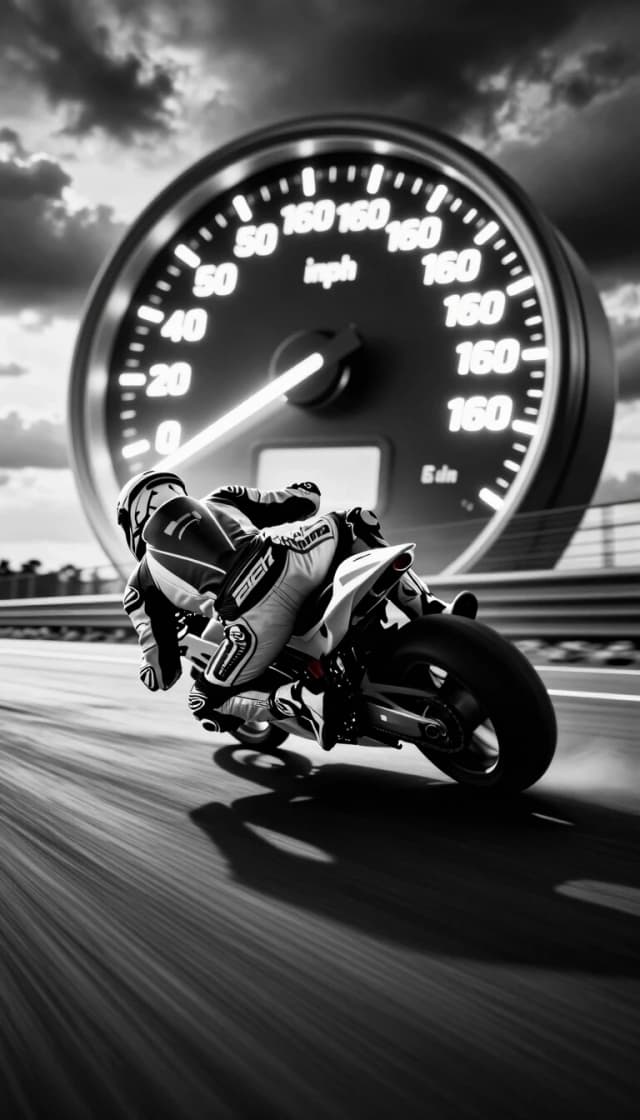 A dynamic, black and white, low-angle shot of a motorcycle racer in full gear, leaning into a turn on a blurred racetrack. A glowing speedometer with the needle pointing to 160 mph is superimposed in the background, dominating the upper frame. The sky above is dramatic and cloudy, adding to the intensity of the scene. The road surface is highly blurred, emphasizing the extreme speed. The overall aesthetic is high-octane and action-packed, with a cinematic feel. Style: Photorealistic, high contrast, motion blur, dramatic lighting, gritty. Composition: Low angle, dutch tilt, leading lines from the road. Lighting: Dramatic, with the speedometer emitting a strong glow