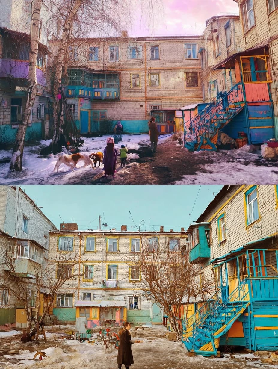 photos of the post-Soviet aesthetics of Russian villages' courtyards and people with their everyday life in the styles of McBling, Waporwave, Wes Anderson chic, Andersonesque Popart --ar 3:4 --v 7.0 --s 200