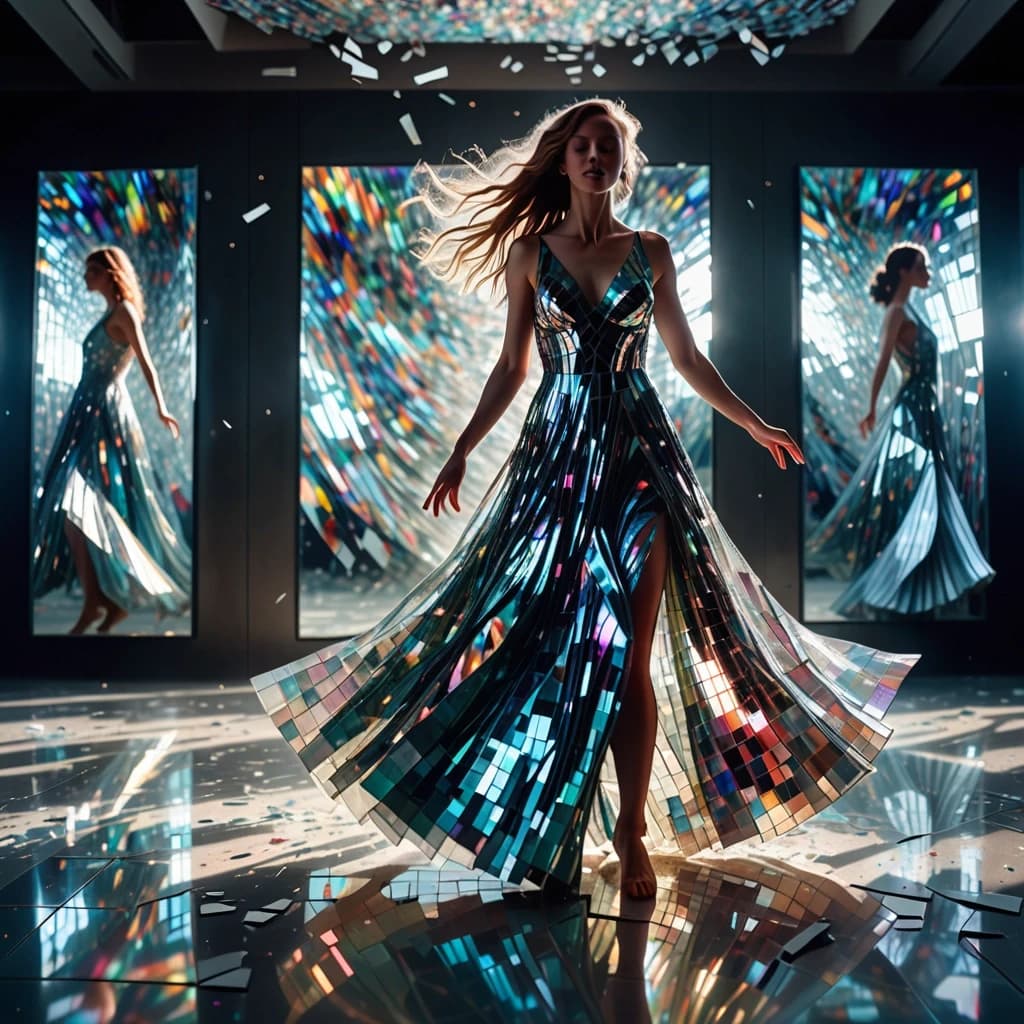 A wide shot of a woman in a long flowing iridescent dress dancing amidst a whirlwind of shattered mirrors. The entire scene is a symphony of reflections and light. The floor is a fractured mosaic, and the dancer's full silhouette is multiplied in the glass. Ethereal glowing particles, sharp focus, vibrant cold colors, 8k, masterpiece of light and motion.