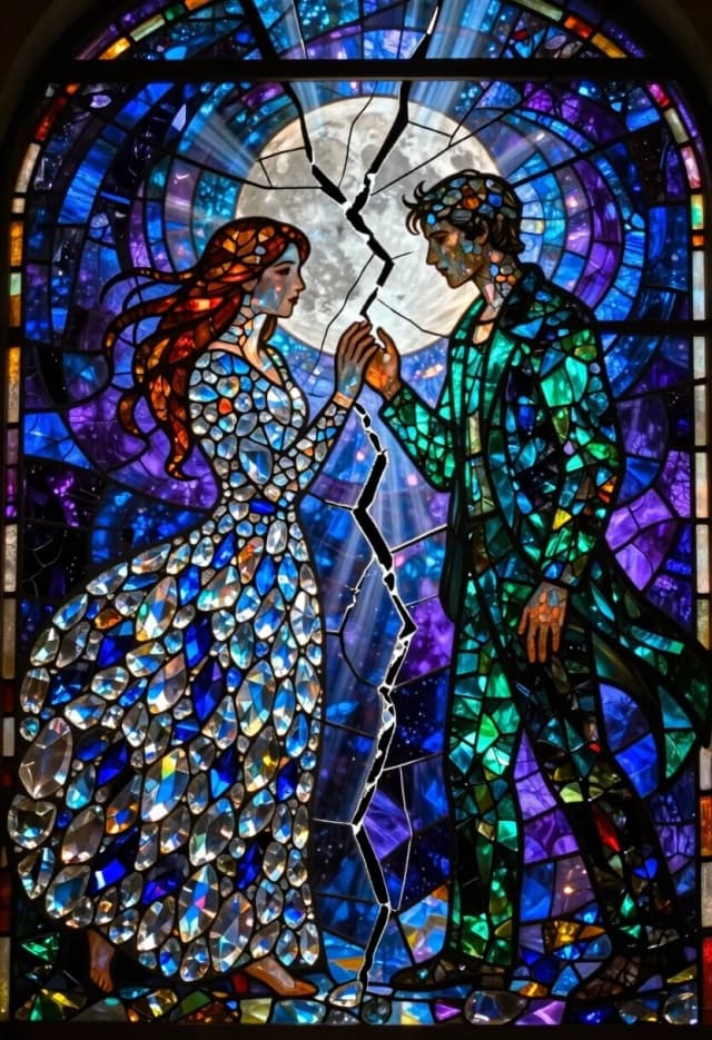 A breathtaking surreal mosaic mural rendered in the style of a luminous stained glass window, where the entire scene of "Sad Love" is composed of countless tiny, iridescent crystal shards and colored glass fragments. The composition depicts two lovers reaching for each other, but they are separated by a massive, jagged crack that splits the entire mosaic image in two, symbolizing an irreparable break.
The characters are crafted from meticulously arranged translucent glass tesserae; the woman is a shimmering cascade of sapphire and silver crystals, while the man is a deep emerald and obsidian glow. Their expressions are frozen in a heartbreaking gaze of longing, their faces formed from microscopic shards that refract light like a stained glass portrait.
The background is a swirling vortex of deep indigo and violet glass, with prismatic light reflections creating an ethereal, mourning glow. The light emanates from within the crystals, casting a radiant but cold luminescence that highlights the sharp edges of the central crack. Volumetric beams of pale moonlight pierce through the mosaic, creating a dramatic contrast between the glowing figures and the deep, shadowy voids of the fracture.
Keywords: luminous stained glass mosaic, iridescent crystal shards, heartbroken separation, jagged glass cracks, prismatic light, deep indigo and sapphire, emotional fragility, surreal cosmic grief.
