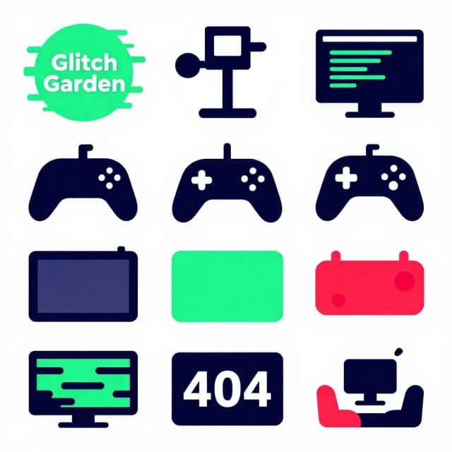 A set of 12 minimalist vector stickers with transparent backgrounds representing abstract art, graphic design, VR themes: Logo “Glitch Garden” with glitch effect around it, VR station, Computer screen with program code, VR icon, VR controller, Cooperative, Keyboard in colors #00FF84 #1A1A2E #F43636 #A8E6CF, Graphic tablet, Computer game icon, Glitch, Eror 404, Cozy computer zone
Exclusive design with smooth gradients, a clean composition. Flat 2D style. Size: 512×512 px for each sticker. Color palette: #00FF84 is main, #1A1A2E, #F43636, #A8E6CF for details